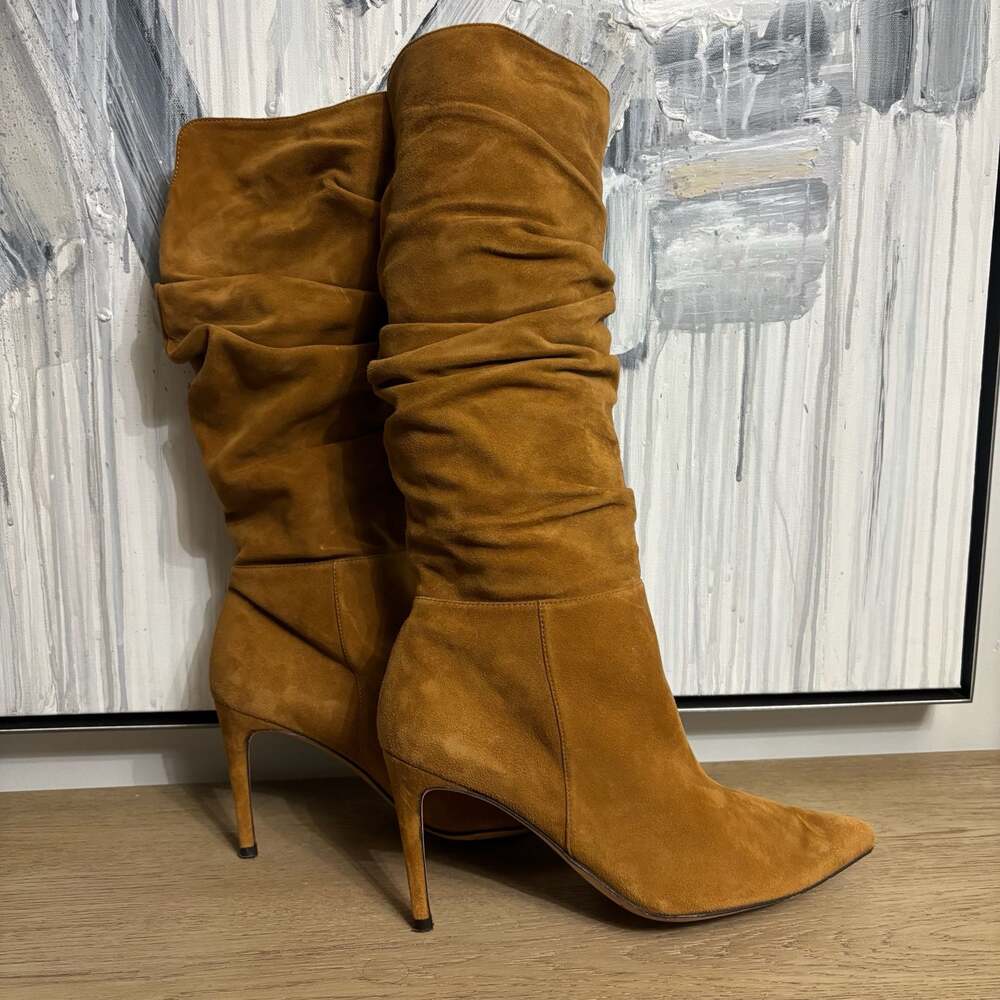 Alexandre Birman Brown Suede Slouchy Pointed Toe Stiletto Heeled Boots Size 38.5